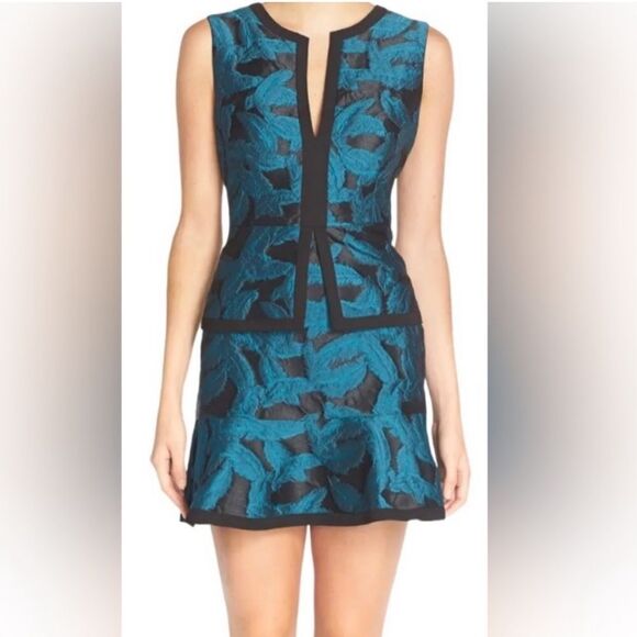 NWT BCBGMaxAzria Sleeveless Suni Teal Feather Jacquard Peplum Mini Dress SIZE 0 - Picture 2 of 8